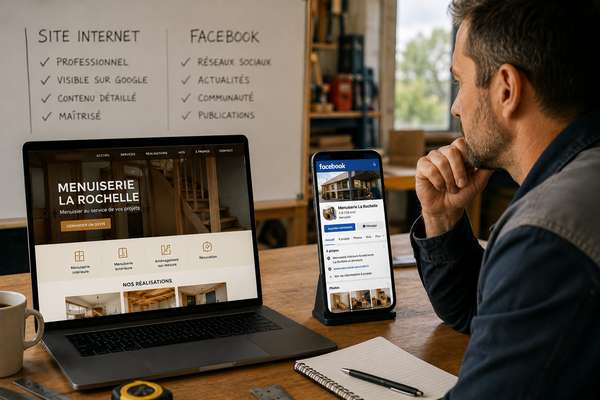Artisan consultant sur ordinateur son site internet professionnel tandis que sa page Facebook est affichée sur son smartphone
