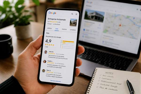 Client consultant les avis Google d'une entreprise locale sur smartphone devant un ordinateur affichant sa fiche Google Business Profile