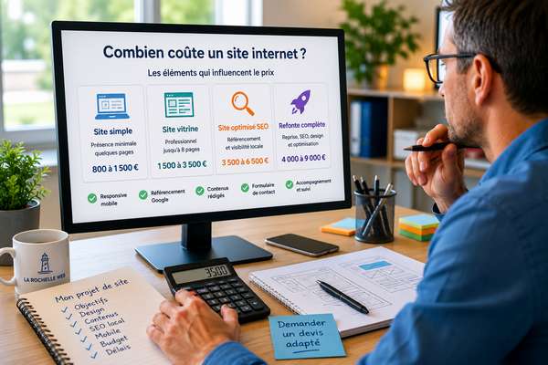 Entrepreneur comparant les tarifs de création de site internet sur ordinateur avec calculatrice et devis de projet web