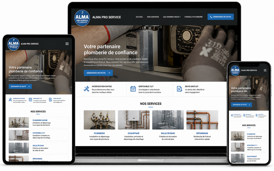 Exemple de site internet pour entreprise de plomberie à La Rochelle affiché sur ordinateur tablette et smartphone