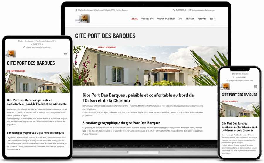 Exemple de site internet pour gîte à La Rochelle Port des Barques affiché sur ordinateur tablette et smartphone