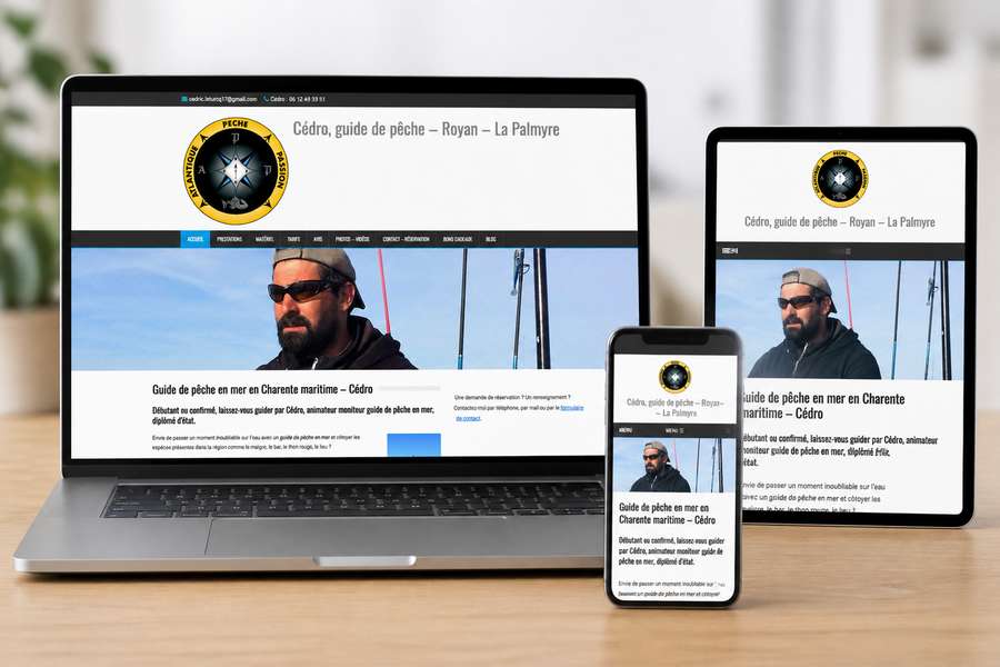 Exemple de site internet pour guide de pêche en Charente Maritime affiché sur ordinateur tablette et smartphone