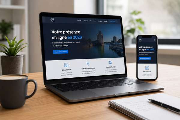 Entrepreneur consultant un site internet professionnel sur ordinateur portable pour développer sa visibilité sur Google en 2026