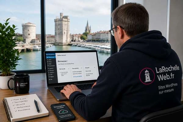 Hébergement et maintenance de site WordPress à La Rochelle par La Rochelle Web : surveillance, sauvegardes, sécurité et mises à jour.