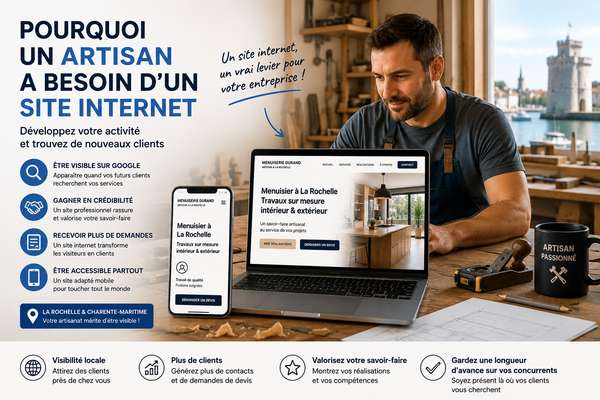 Artisan consultant son site internet professionnel sur ordinateur portable dans un atelier à La Rochelle
