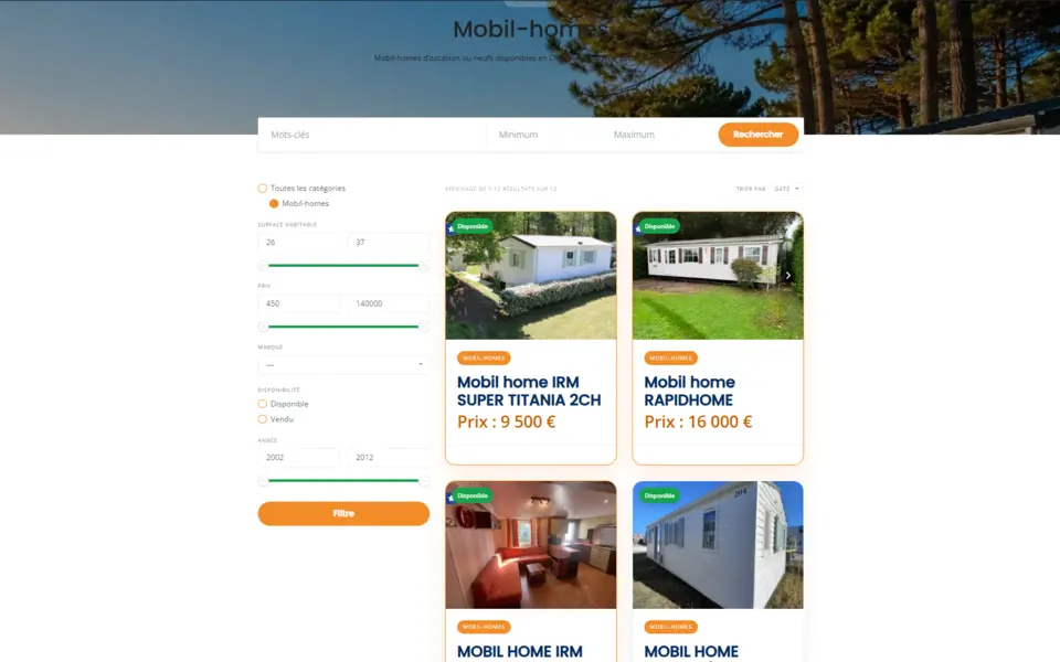 Capture du catalogue de mobil-homes d’occasion du site Mobil-home 17