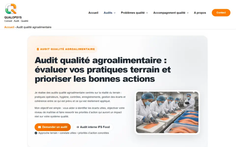 Capture d’une page du site QUALOPSYS consacrée à l’audit qualité agroalimentaire