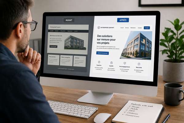 Chef d'entreprise comparant l'ancienne et la nouvelle version de son site internet sur un écran d'ordinateur lors d'un projet de refonte web