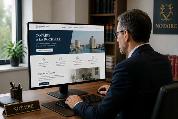 Notaire à La Rochelle consultant le site internet de son étude sur ordinateur dans son bureau professionnel