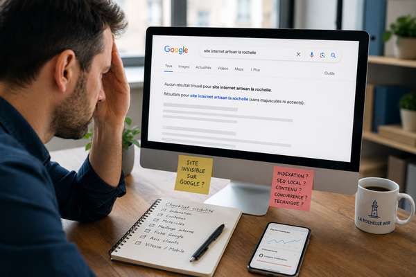 Entrepreneur analysant sur son ordinateur pourquoi son site internet n'apparaît pas dans les résultats de recherche Google