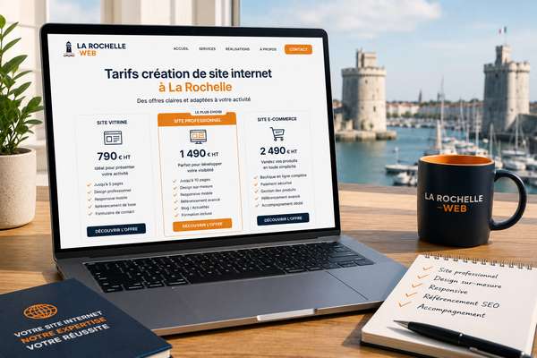 Tarifs de création de site internet professionnel à La Rochelle affichés sur ordinateur portable dans un bureau moderne